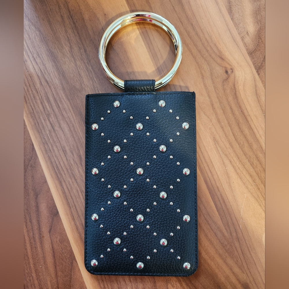 Kate Spade Studded Black Leather Phone Case Holder Purse Ring Handle NWT